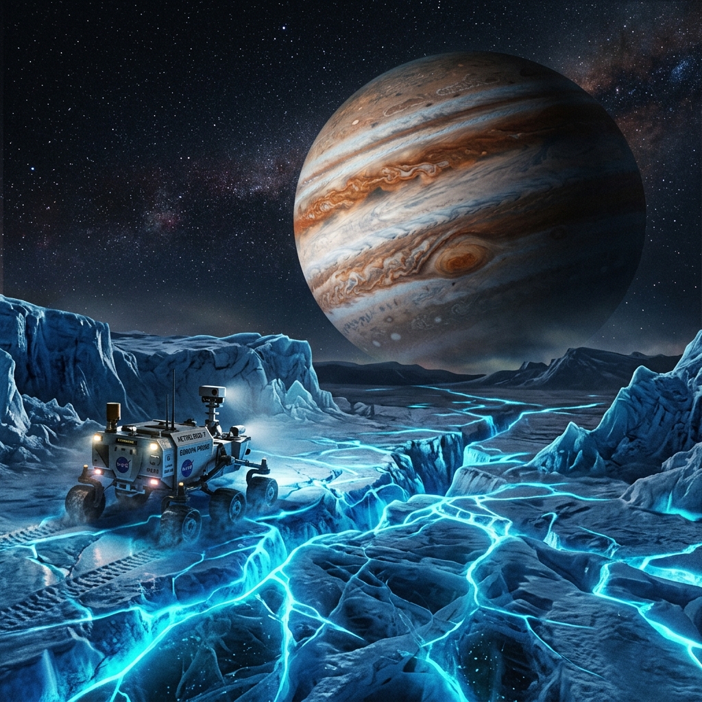 Sleek exploration capsule over the icy surface of Europa with Jupiter rising