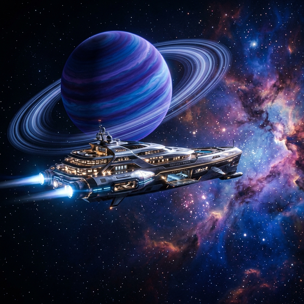 A sleek luxury starship travelling near a ringed giant planet and purple nebula