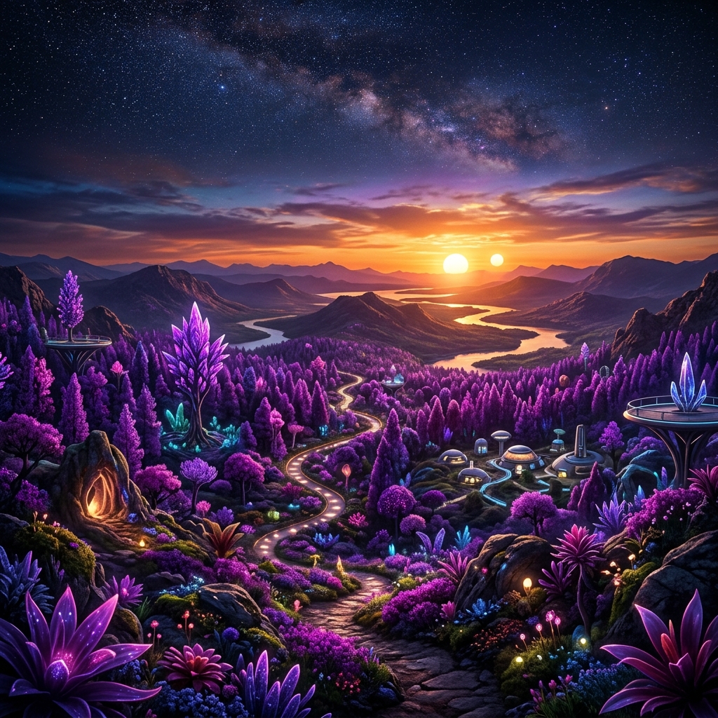 Exotic purple vegetation and dense forest environment on Kepler-186f under double suns