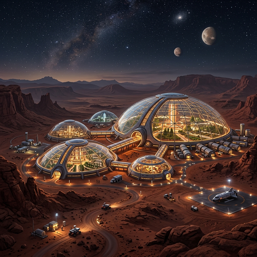 Futuristic dome colonies glowing under a Martian sky with two small moons